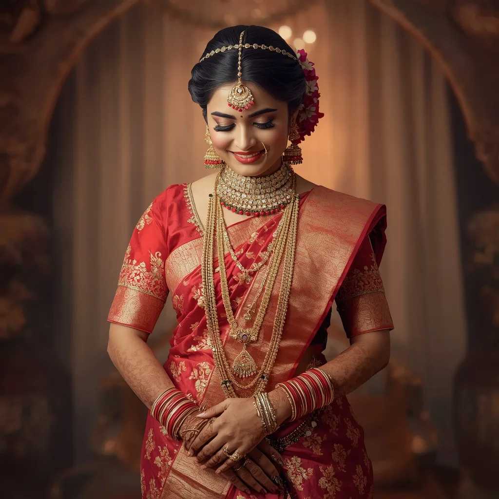 A Breathtaking Indian Woman in a Bridal Saree, Radiant and Elegant – Retro Style Gemini Girl in Saree Instagram prompts – AI generated example
