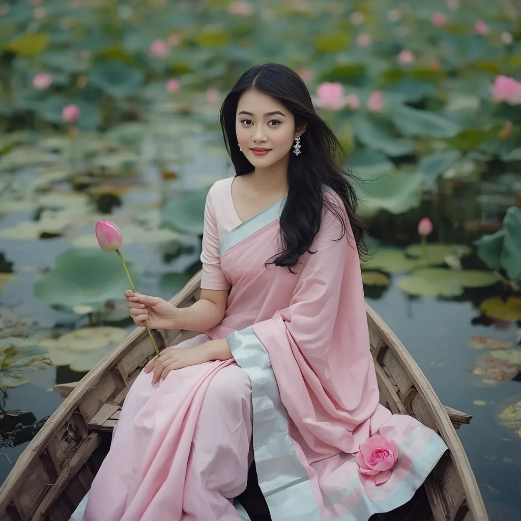 A Graceful Woman in Pink Saree on a Lotus Pond Boat – Retro Style Gemini Girl in Saree Instagram prompts – AI generated example