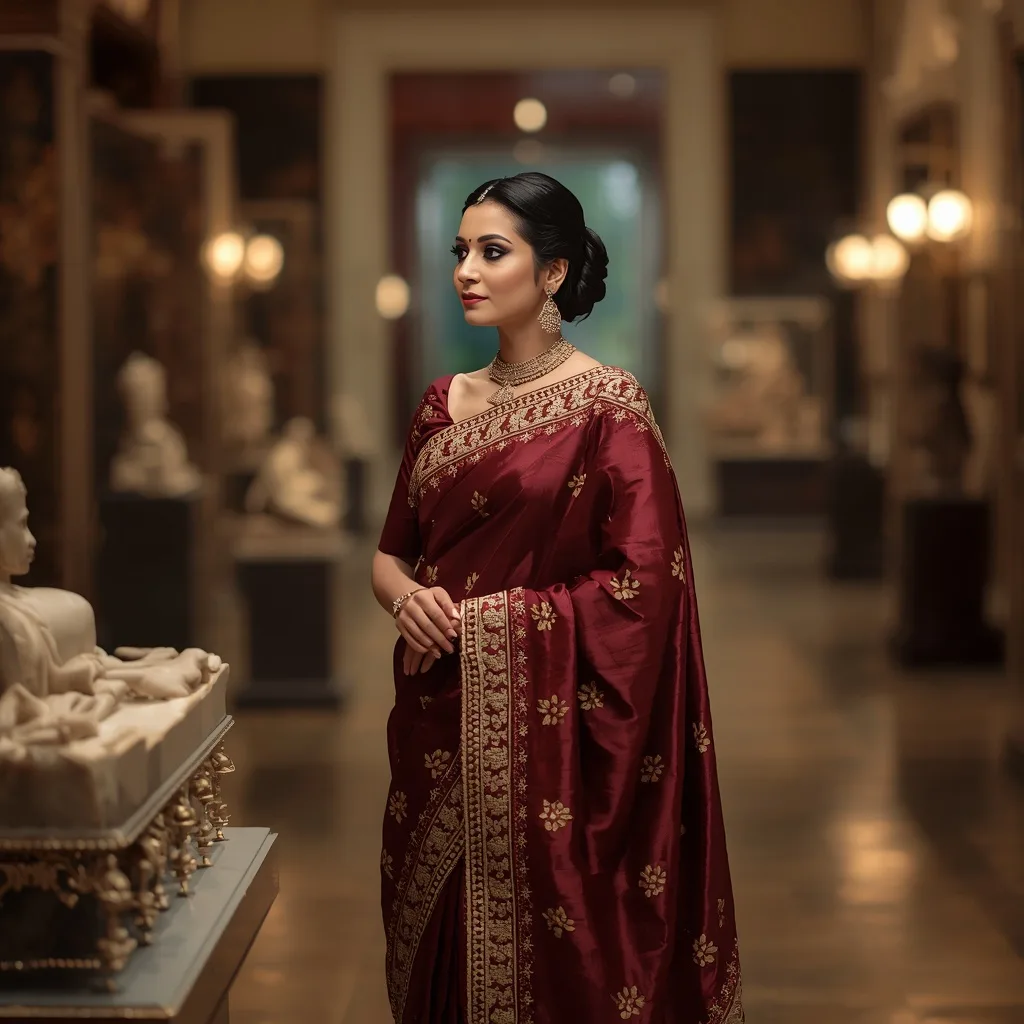 A Regal Indian Woman in an Embroidered Raw Silk Saree at a Museum – Retro Style Gemini Girl in Saree Instagram prompts – AI generated example