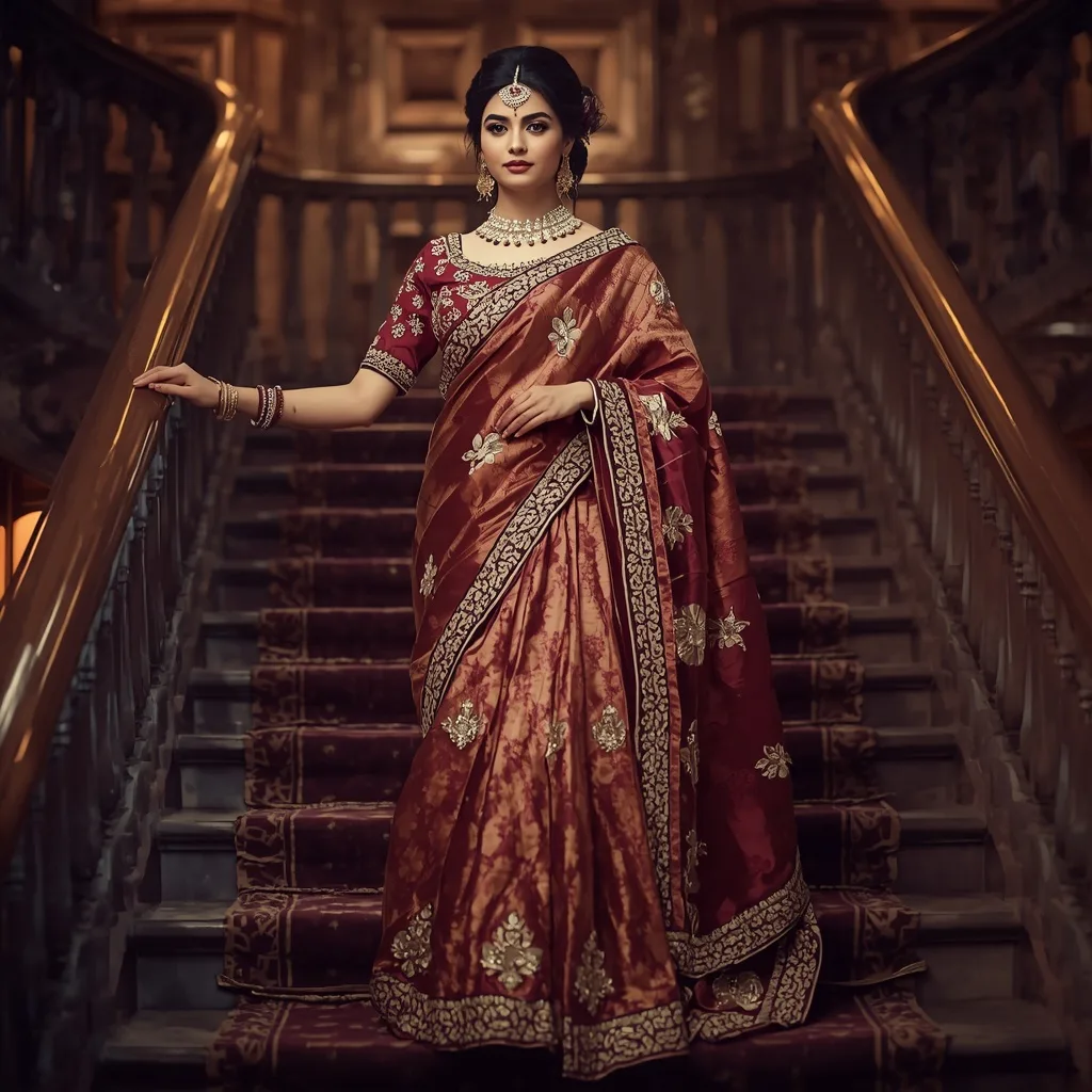 A Royal Indian Woman in an Embellished Brocade Saree on a Palace Staircase – Saree Prompts – AI prompt example