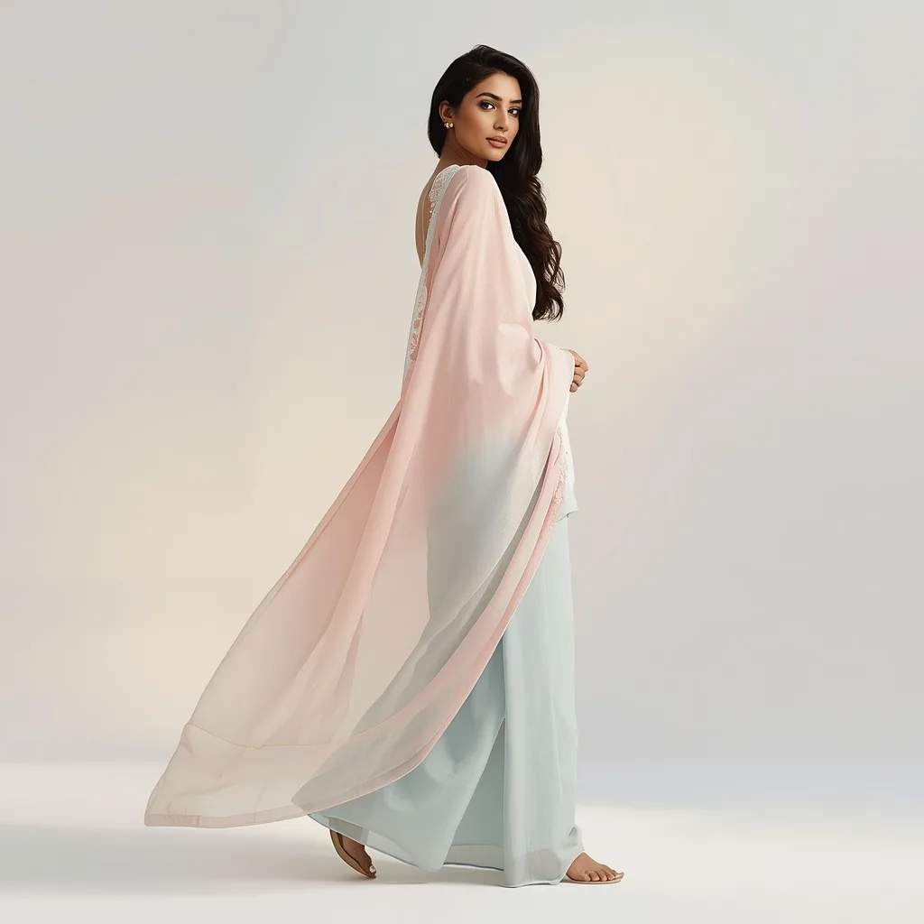 A Serene Indian Woman in a Flowing Pastel Georgette Saree – Saree Prompts – AI prompt example