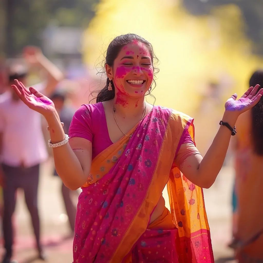 A Vibrant Indian Woman in a Bandhani Saree Celebrating Holi – AI prompt example