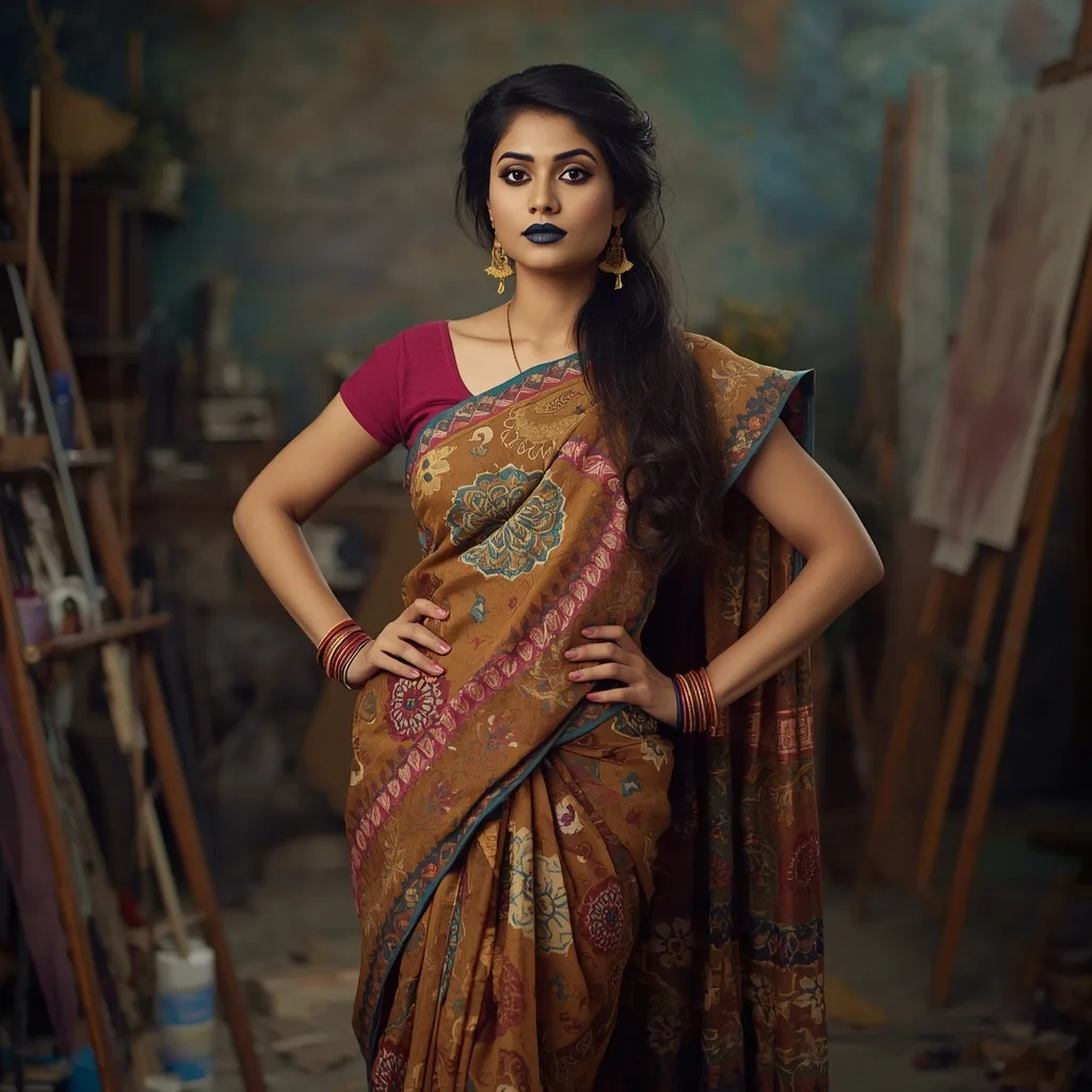 A Vibrant Indian Woman in a Kalamkari Saree with Artistic Flair – Saree Prompts – AI prompt example