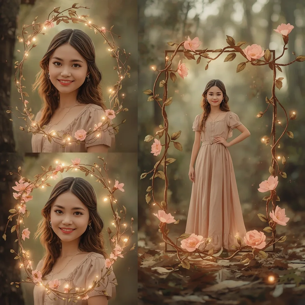 Botanical Frames for a Beautiful Girl in Western Wear – Indian Girl Elegant Bharatanatyam Dance Photography prompts – AI generated example