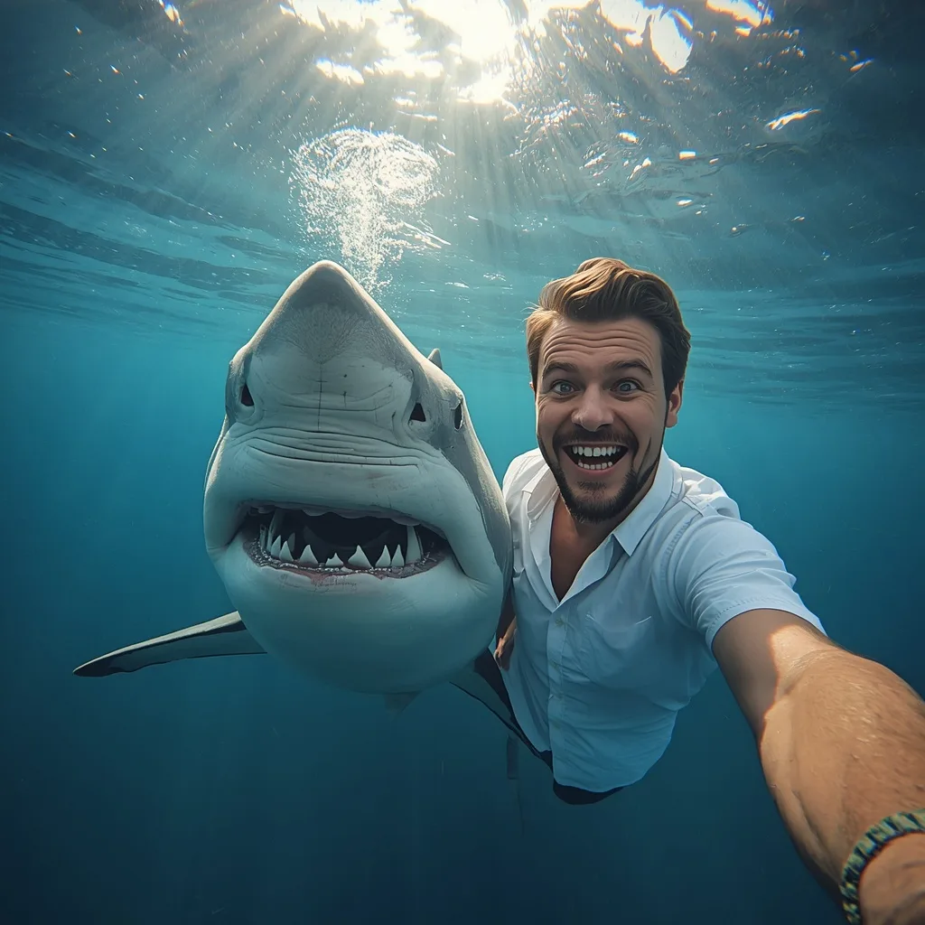 Cheerful Underwater Selfie with a Playful Shark – Men's Prompts – AI prompt example