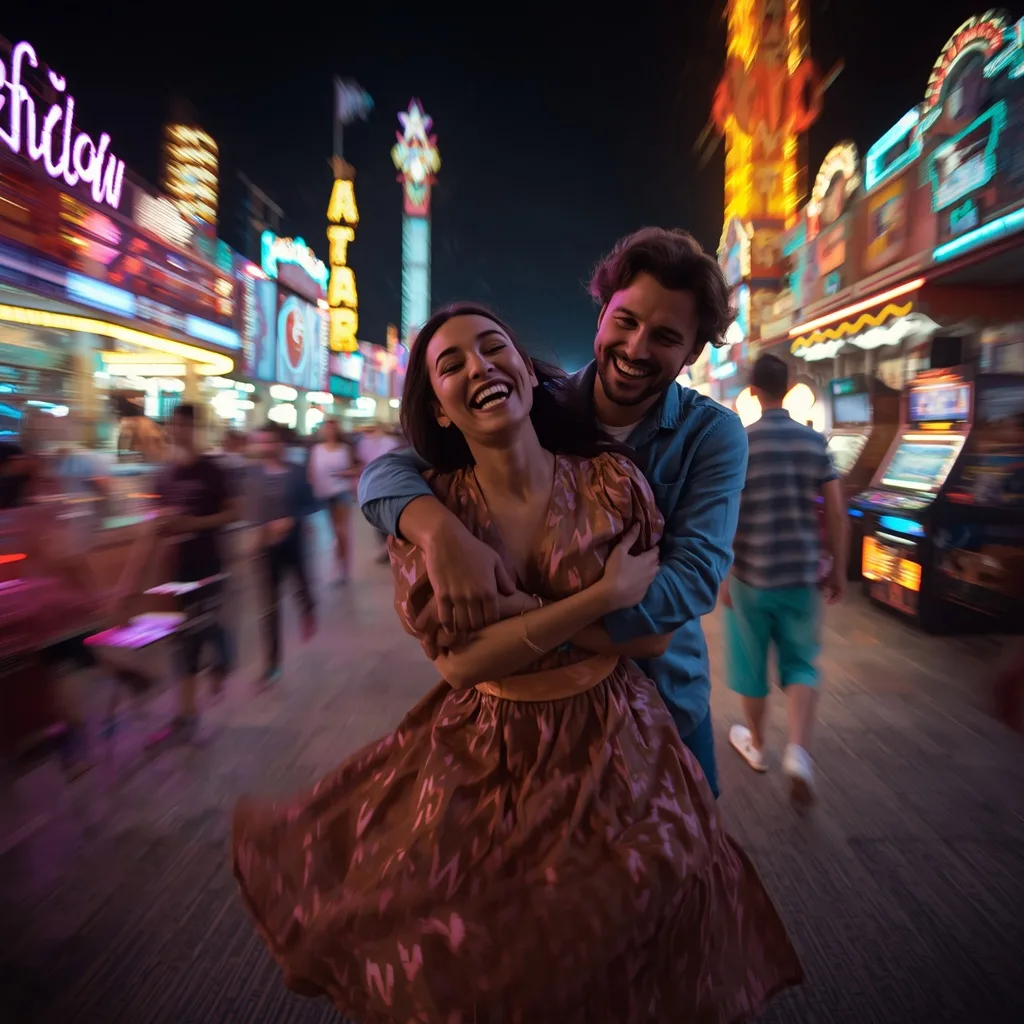 Couple's Playful Laughter: Funfair Night Lights – Couple Prompts – AI prompt example