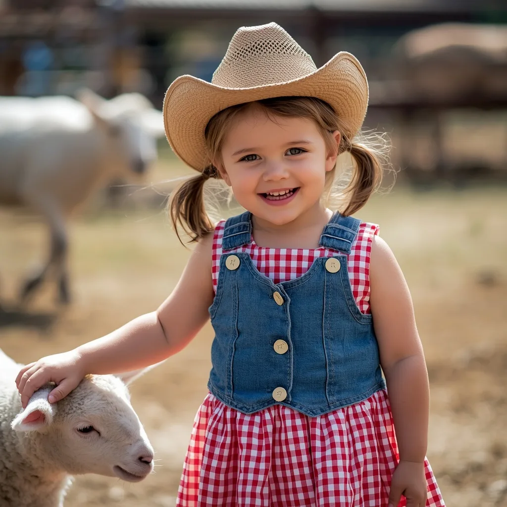 Cute Girl in a Cowboy Hat and Western Dress for Girls at a Petting Zoo – Indian Girl Elegant Bharatanatyam Dance Photography prompts – AI generated example