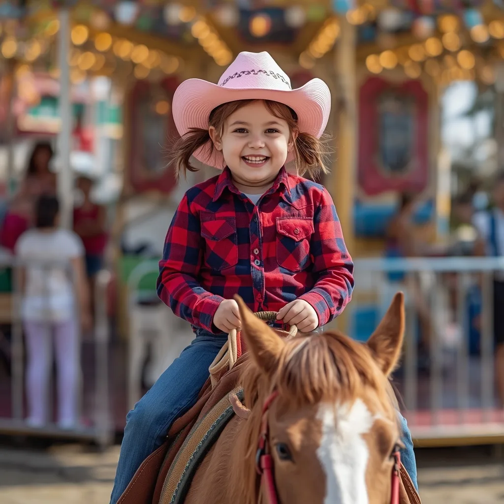 Cute Girl in a Western Theme Outfit Riding a Pony at a Carnival – Girl's Prompts – AI prompt example