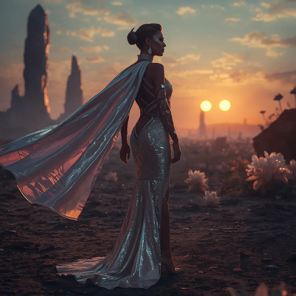 Futuristic Siren: Metallic Cut-Out Gown in a Sci-Fi Landscape – Women's Dark Academic Witch Mysterious Aura prompts – AI generated example
