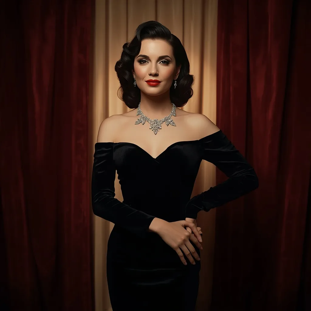 Hollywood Icon: Black Velvet Gown with Diamond Necklace – Women's Dark Academic Witch Mysterious Aura prompts – AI generated example
