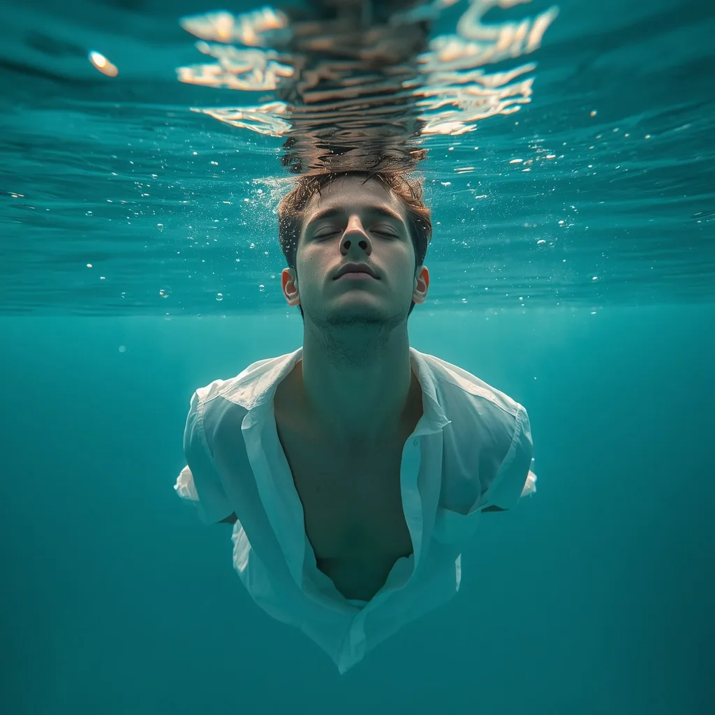 Hyper-realistic Meditative Man Underwater Dreamscape – Men's Image Epic Fantasy Character Designs prompts – AI generated example