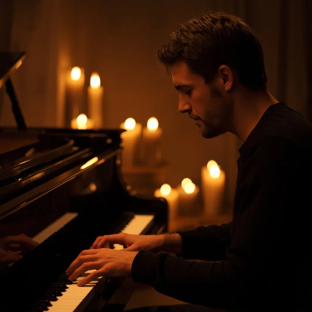 Male Musician's Intimate Performance: Piano and Candlelight – Men's Image Epic Fantasy Character Designs prompts – AI generated example