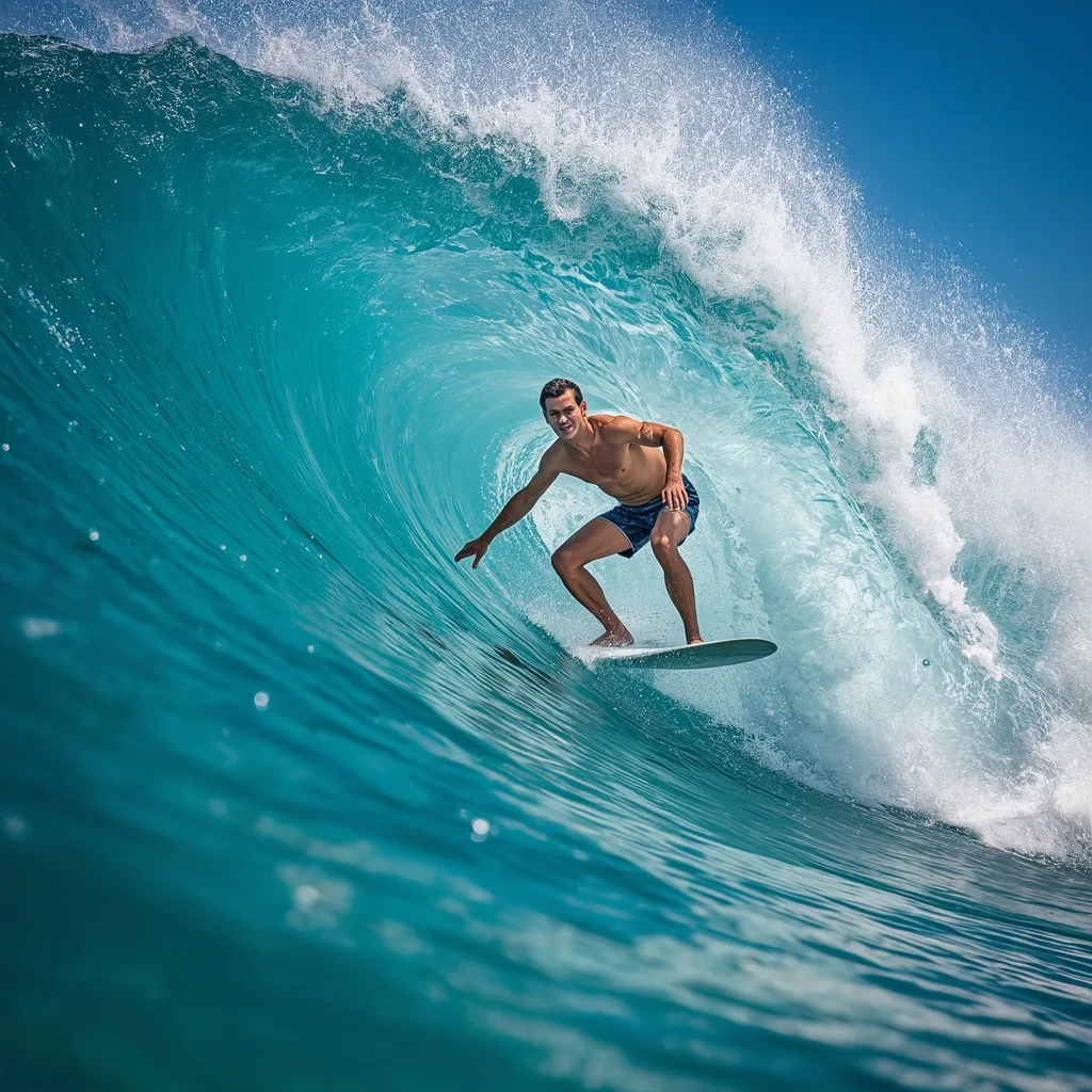 Man's Energetic Surfing on a Perfect Ocean Wave – Men's Prompts – AI prompt example