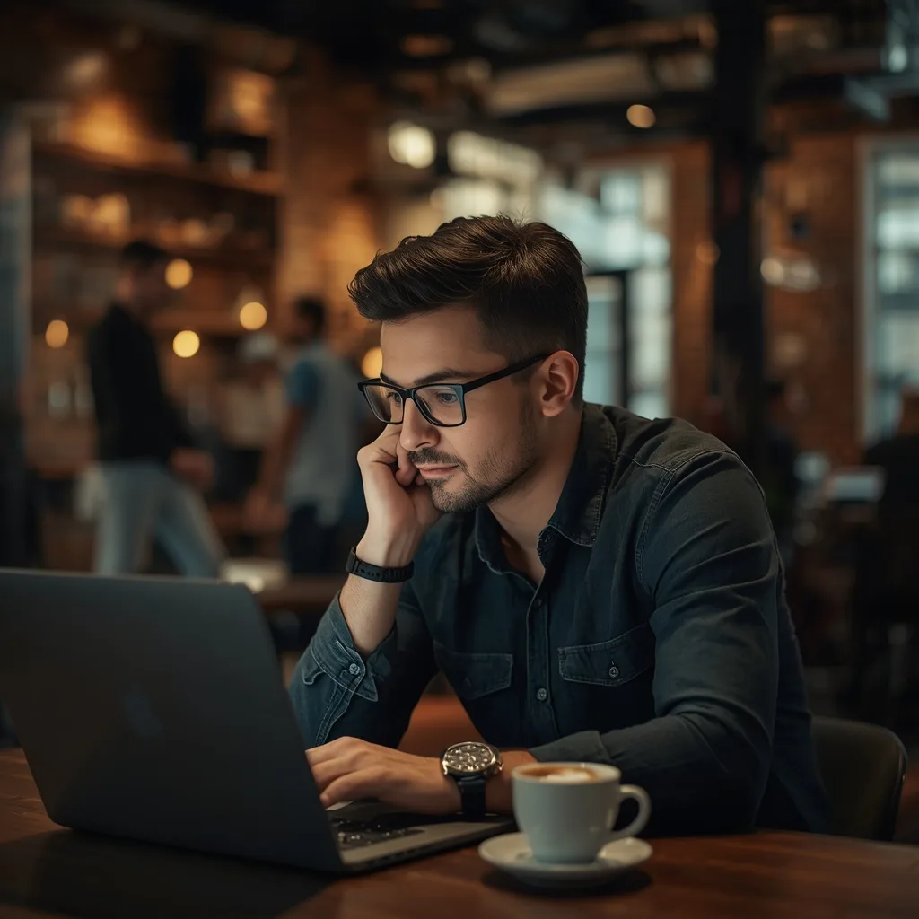 Man's Focused Concentration in an Urban Coffee Shop – Men's Prompts – AI prompt example