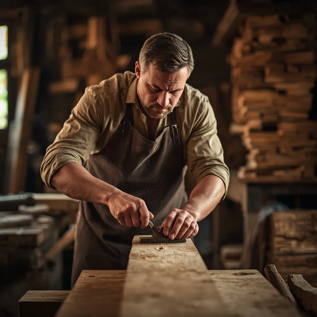 Man's Focused Craftsmanship in a Traditional Wood Workshop – Men's Image Epic Fantasy Character Designs prompts – AI generated example