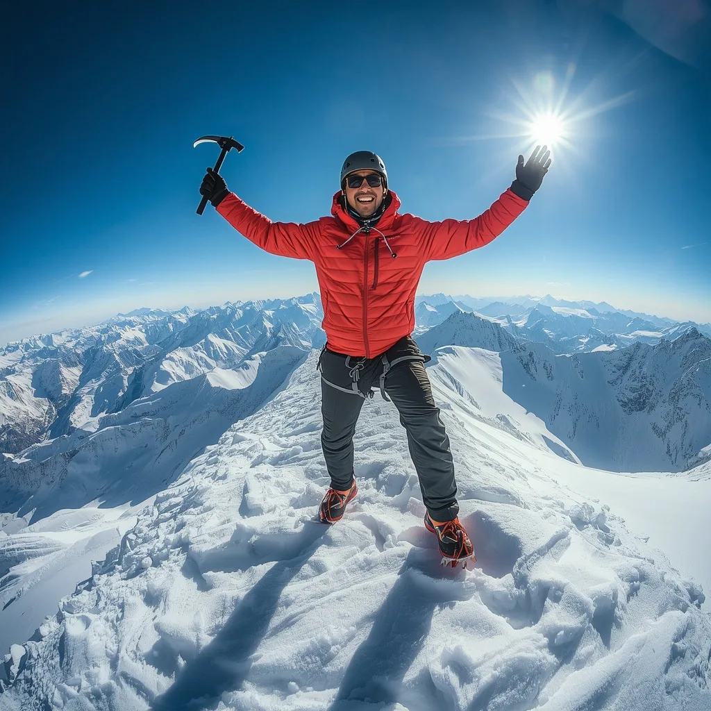 Man's Triumphant Pose on a Snowy Mountain Summit – Men's Image Epic Fantasy Character Designs prompts – AI generated example