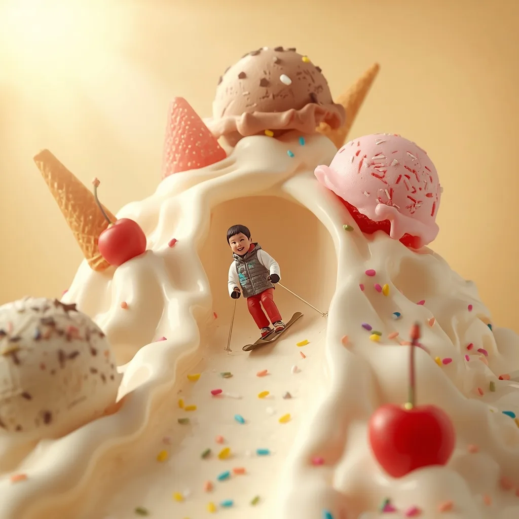 Miniature Human Skiing Down a Giant Ice Cream Mountain – Premium Prompts – AI prompt example