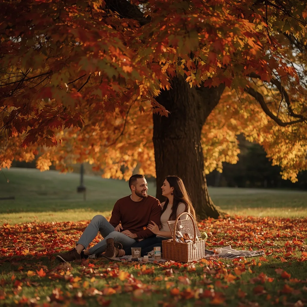 Romantic Couple Sharing a Picnic under a Tree with Fall Foliage – Vibrant Indian Couple Holi Festival Fun prompts – AI generated example