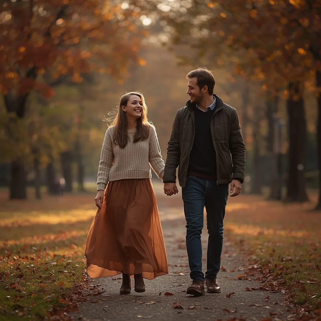 Romantic Couple's Hand-Holding Stroll Through an Autumn Park – Couple Prompts – AI prompt example
