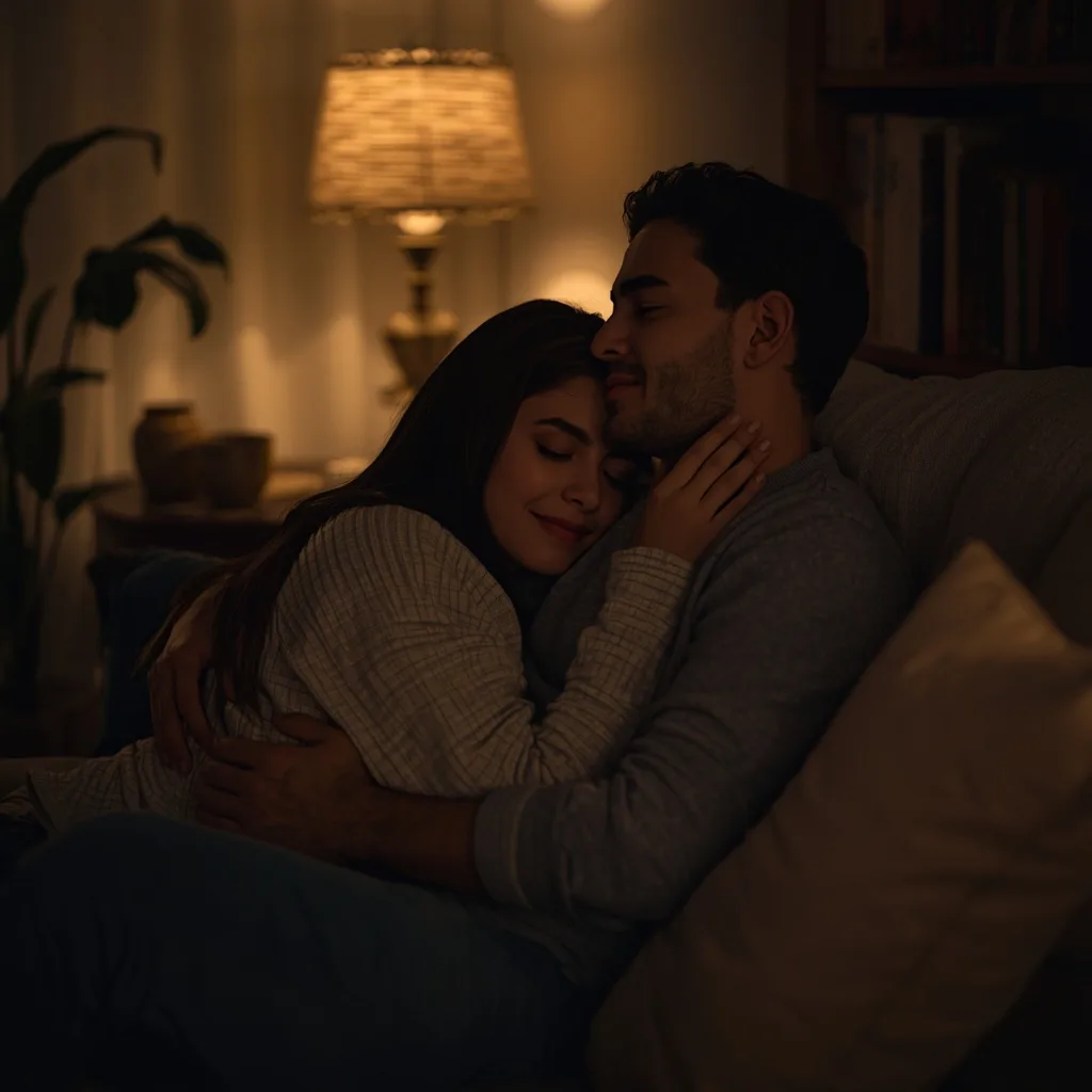 Romantic Couple's Intimate Embrace on a Cozy Sofa – Vibrant Indian Couple Holi Festival Fun prompts – AI generated example