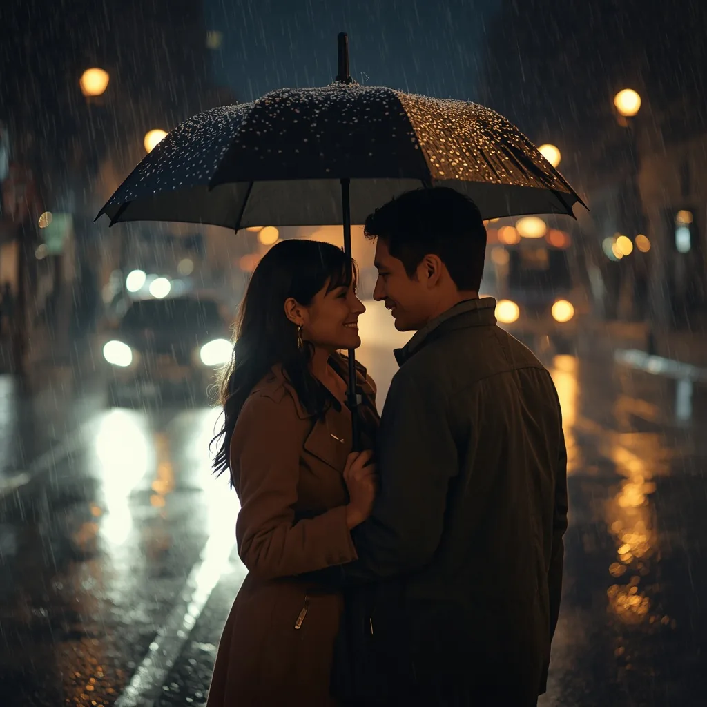 Romantic Couple's Rainy City Stroll with an Umbrella – Couple Prompts – AI prompt example