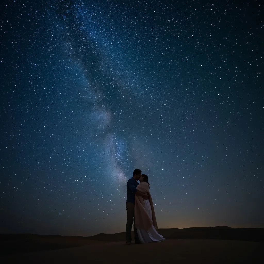 Romantic Couple's Tender Embrace Under a Starry Desert Sky – Couple Prompts – AI prompt example