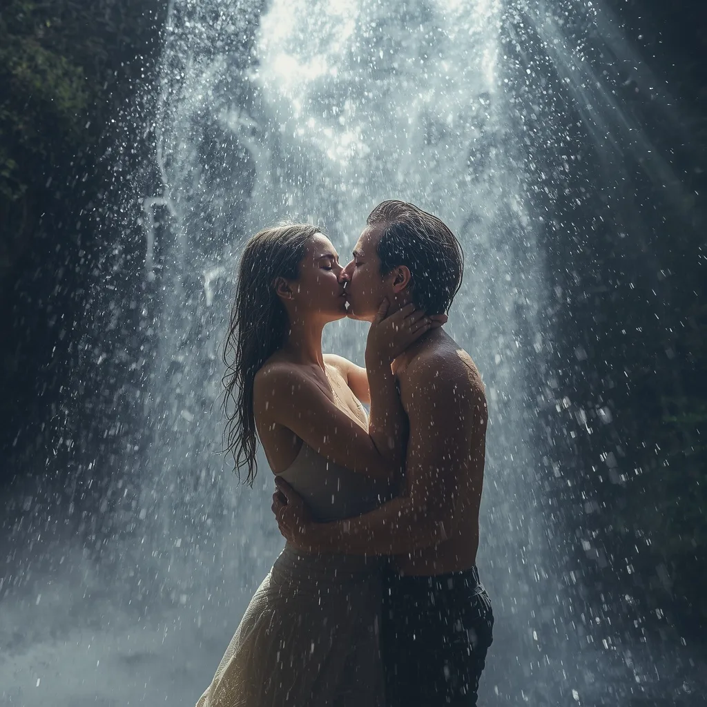 Romantic Couple's Tender Kiss Under a Cascading Waterfall – Vibrant Indian Couple Holi Festival Fun prompts – AI generated example