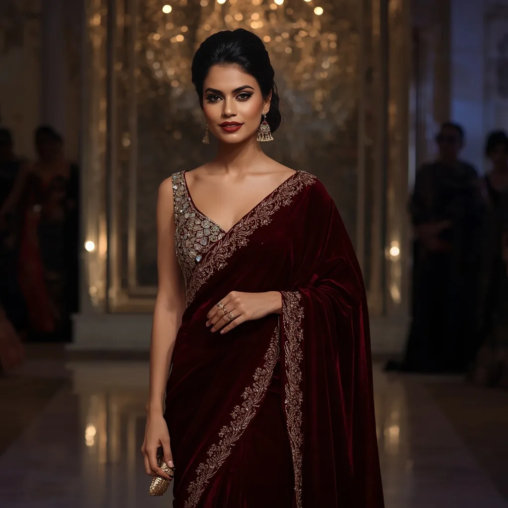 Sophisticated Indian Woman in Designer Saree at an Exclusive Gala – Saree Prompts – AI prompt example