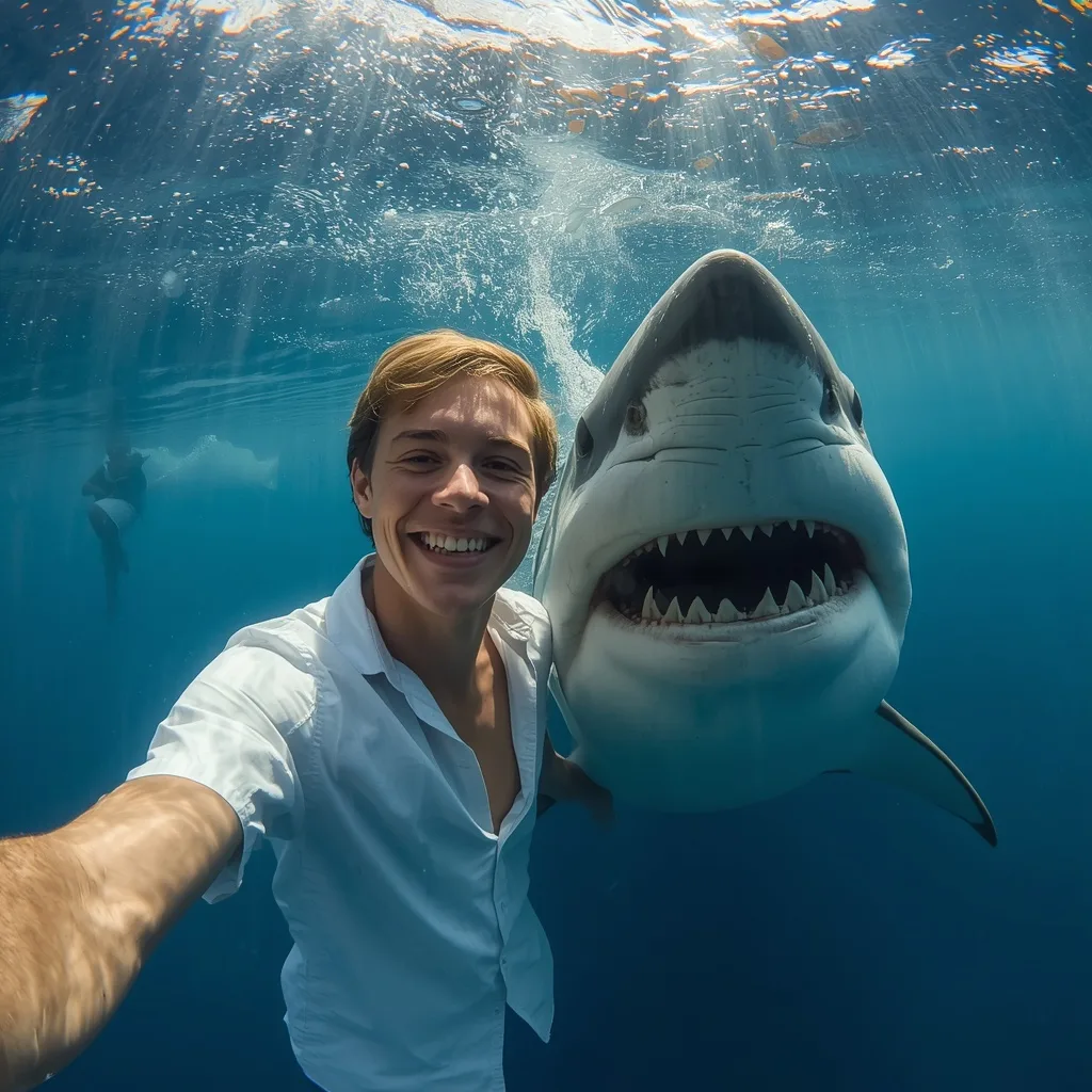 Underwater Selfie with a Playful Great White Shark Encounter – Premium Prompts – AI prompt example