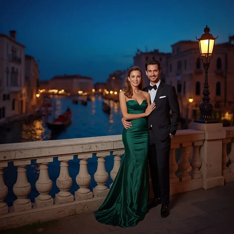 Beautiful Couple In Elegant Evening Attire On Historic Bridge Venice | Romantic Couple Historic