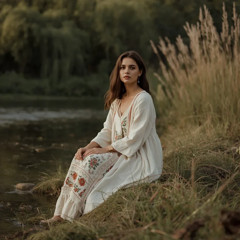 Boho Embroidered Maxi Dress: Rustic Outdoor Charm | Prompt seen trending girl AI photo