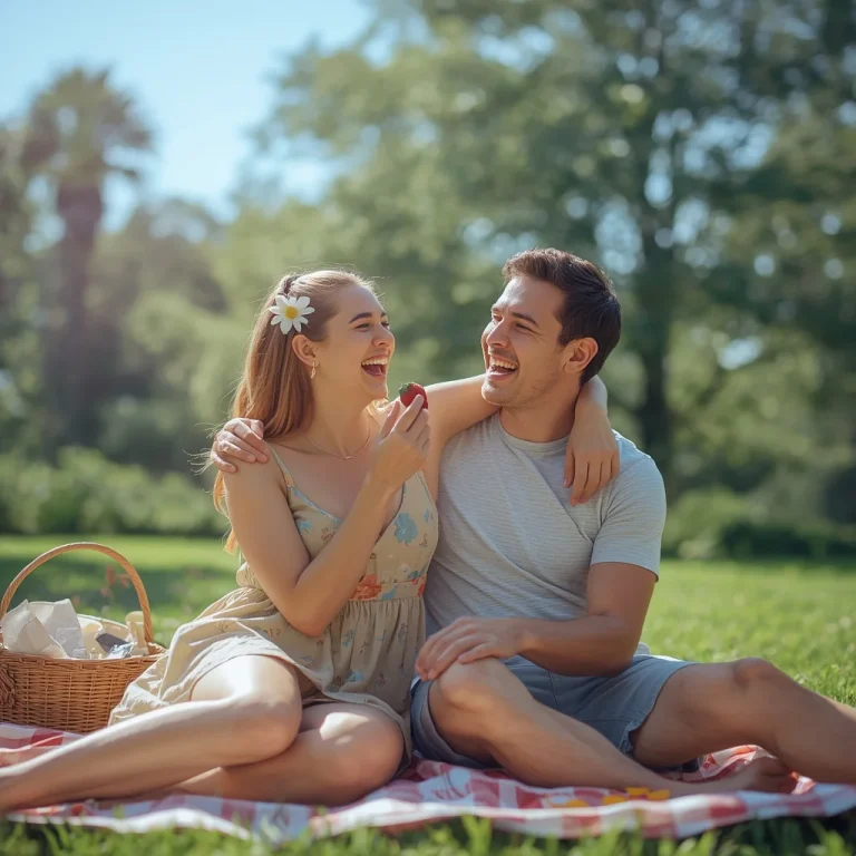 Candid Joy: A Couple’s Playful Picnic Date | Prompt seen romantic Couple AI photo Editing online