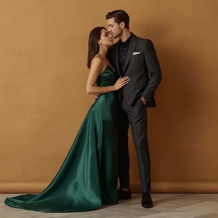 Elegant Romantic Couple in Premium Silk Evening Attire | Sophisticated Romantic Couple