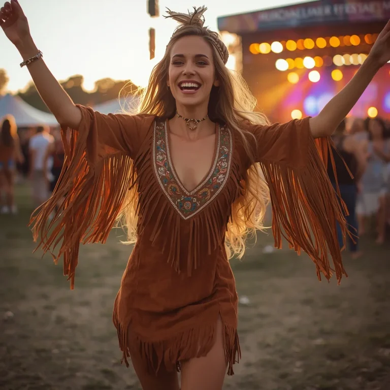 Festival Queen: Woman in a Fringe Suede Dress with Bohemian Vibes | gemini ai photo prompt copy paste