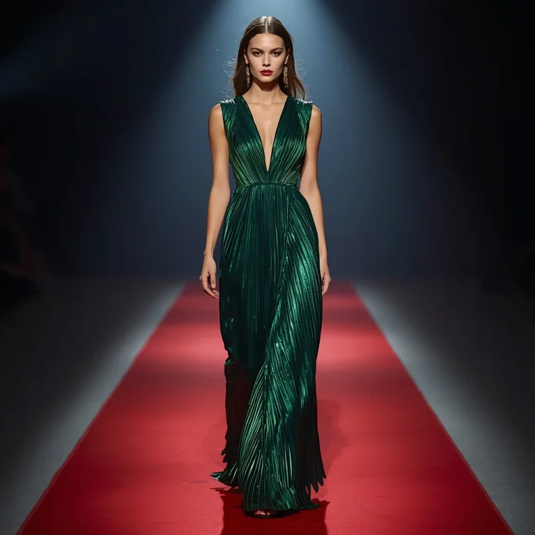 Metallic Plissé Gown: Futuristic Red Carpet Glamour | Gemini ai prompt