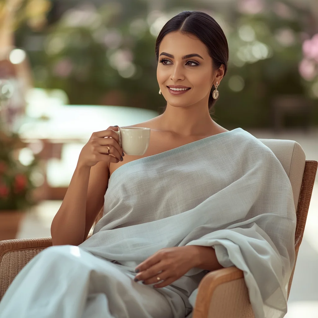 Sophisticated Leisure: Indian Woman with a Cup of Tea | Sophisticated Indian Woman