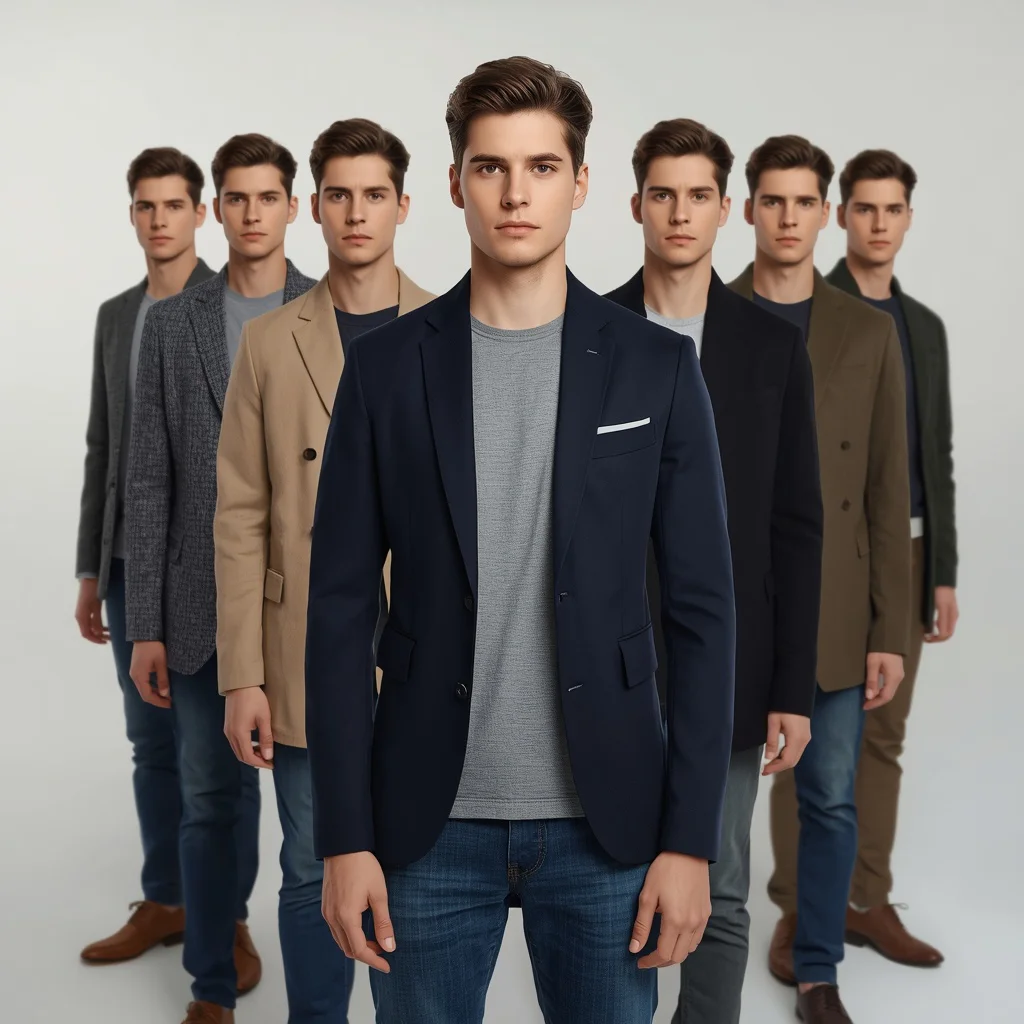 Staggered Lineup Smart Casual Blazers Tailored Male Portrait | Ultra-realistic Studio Lineup