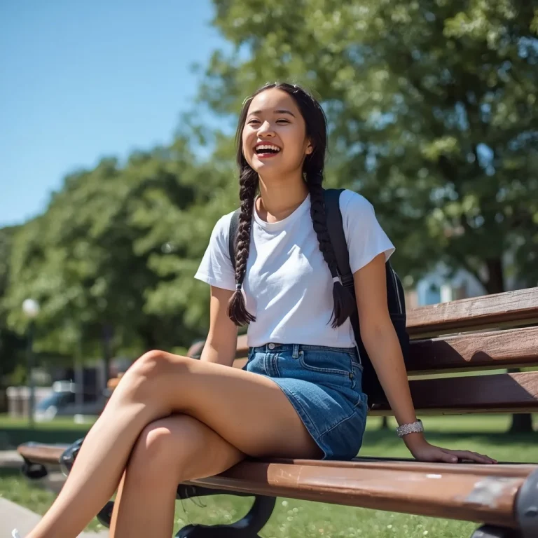 Youthful Denim Mini Skirt and White Top for a Park Day | Trending Blue Prompt